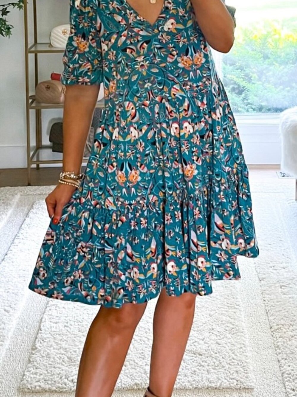 The Pioneer Woman Boho Tiered Dress Teal Hummingbird Floral Print Fits S-M